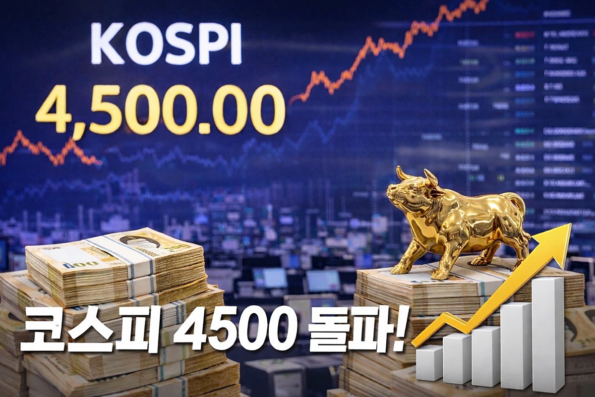 코스피 사상 첫 4500 돌파! 기사 이해를 돕기 위해 AI를 활용해 제작한 자료 사진입니다.