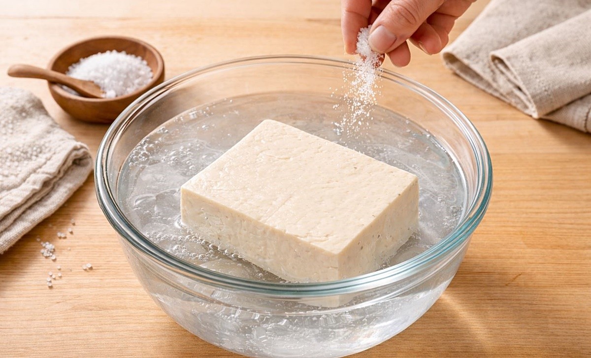 소금물에 두부를 담그는 모습. 기사 이해를 돕기 위해 AI를 활용해 제작한 자료 사진입니다.