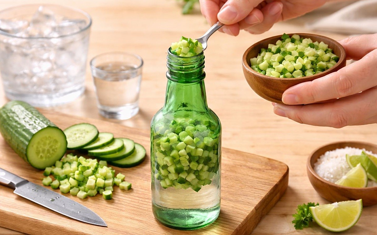 잘게 자른 오이를 소주에 넣는 모습. 이런 소주를 일명 '오이 소주'라고 부른다. 기사 이해를 돕기 위해 AI를 활용해 제작한 자료 사진입니다.
