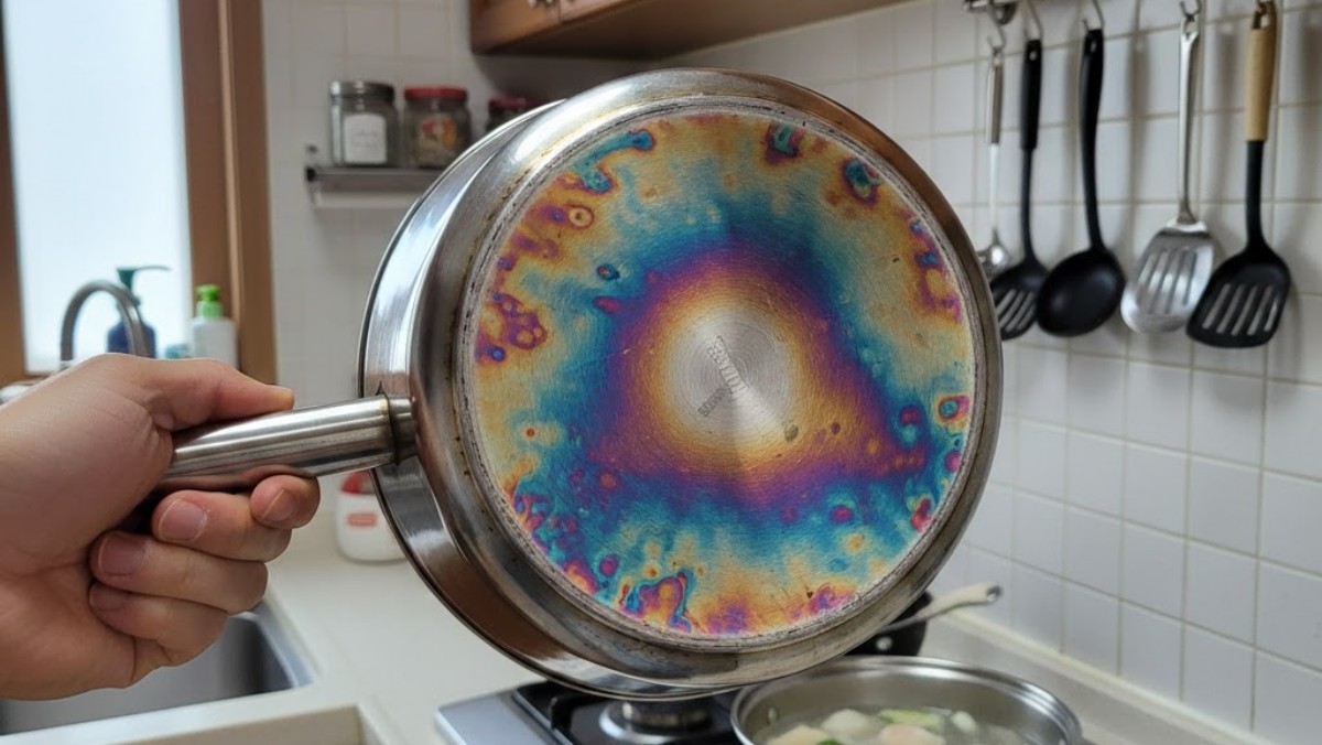 '무지개 얼룩'이 생긴 스탠 냄비 바닥. AI가 생성한 자료사진.