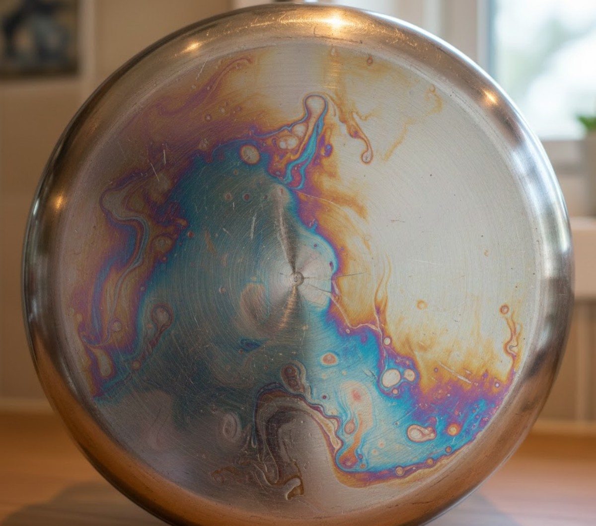 '무지개 얼룩'이 생긴 스탠 냄비 바닥. AI가 생성한 자료사진.