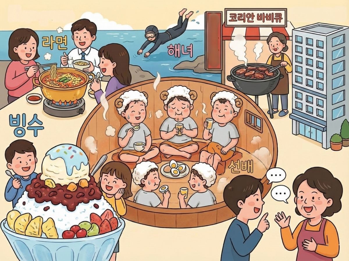 AI 툴로 제작한 이미지. 옥스퍼드영어사전에 라면, 해녀, 선배, 빙수, 찜질방, 아줌마, 코리안 바비큐, 오피스텔 등의 단어가 추가 등재됐다.