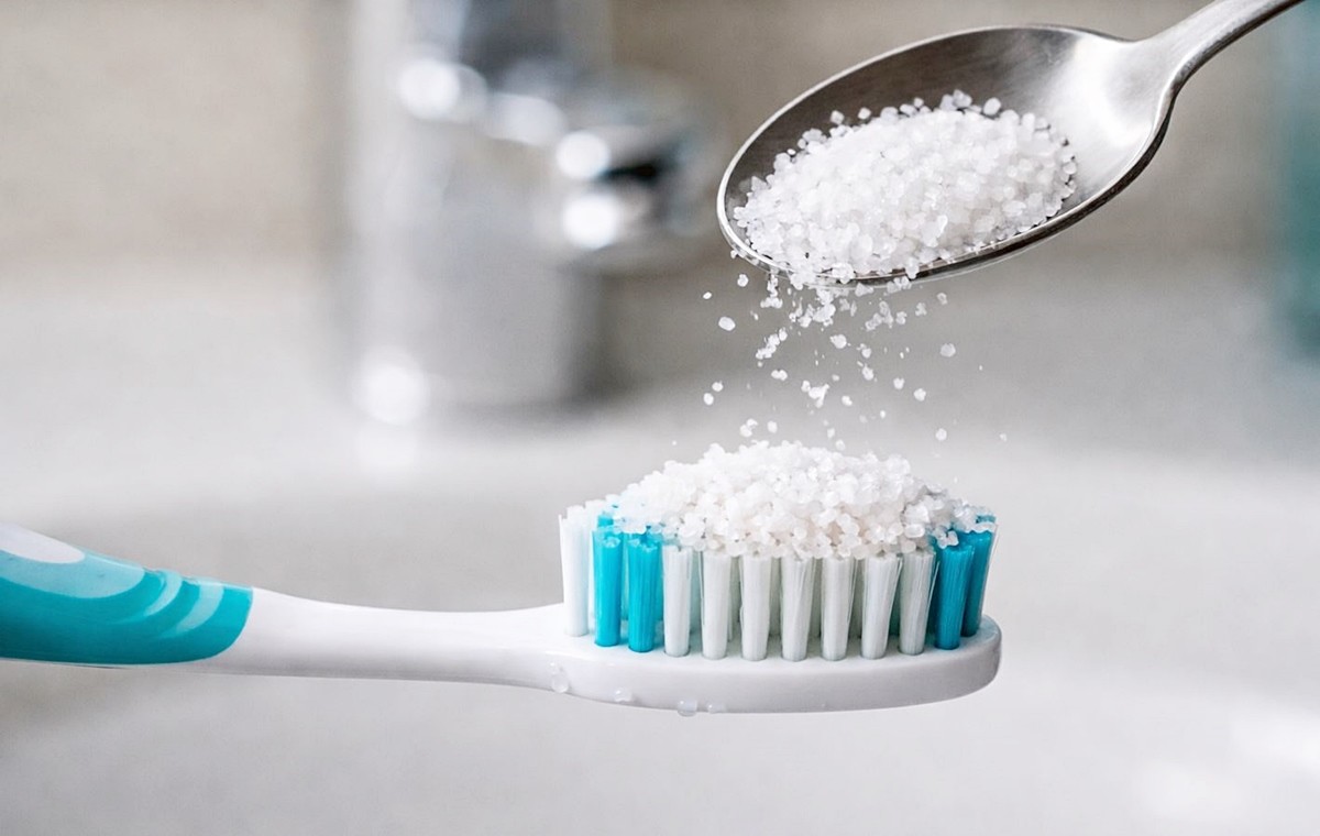 칫솔에 소금을 뿌리는 모습. 기사 이해를 돕기 위해 AI를 활용해 제작한 자료 사진입니다. 실제 모습과 다소 차이가 있을 수 있습니다.