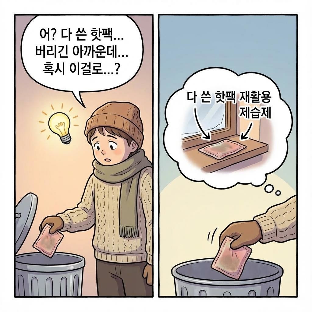 [만화] 다 쓴 핫팩을 습기제거제로 재활용하는 꿀팁을 소개한 AI 생성 웹툰
