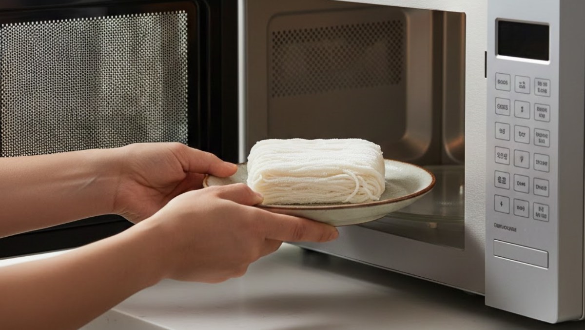 냉동 소면을 전자레인지에 넣는 모습. AI가 생성한 자료사진.