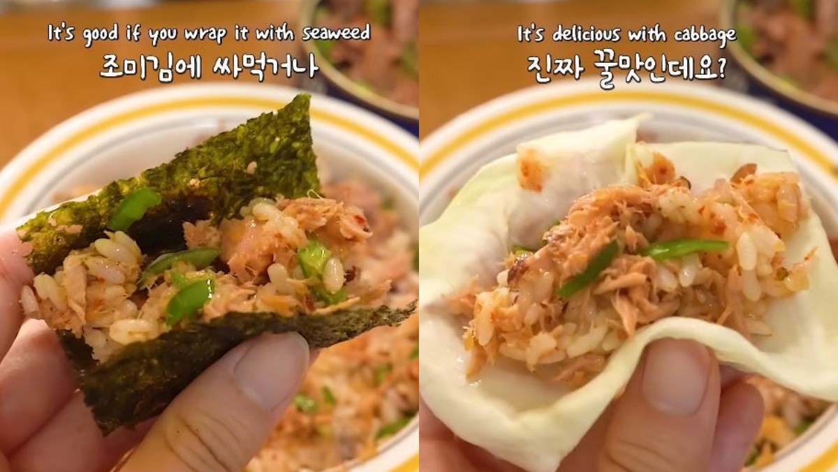 완성된 양념 참치를 밥에 비빈 후, 조미김과 양배추에 싸 먹는 모습. / 유튜브 '리틀식탁 Little Table'