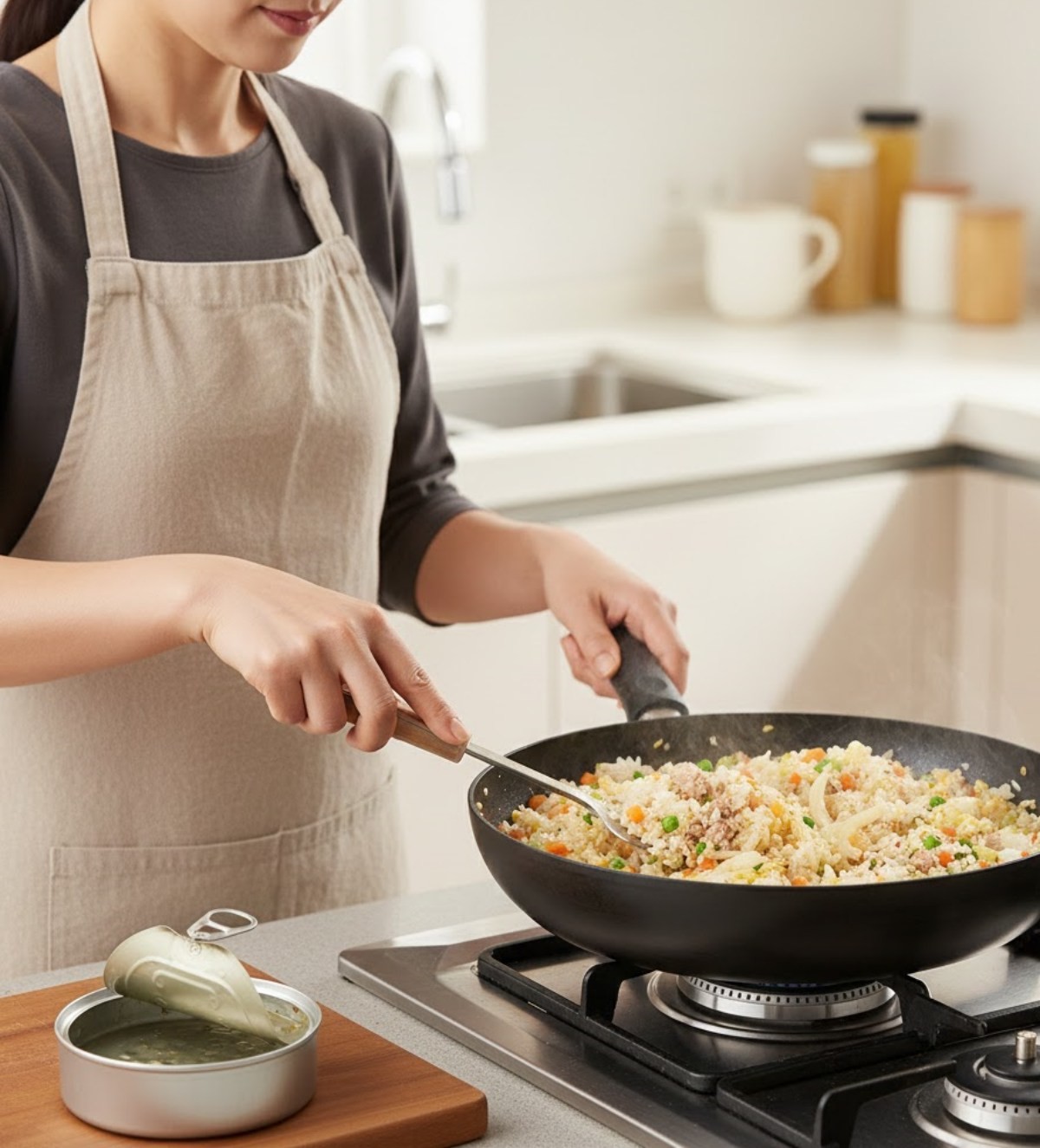 참치캔으로 볶음밥을 만드는 사람. AI가 생성한 자료사진.