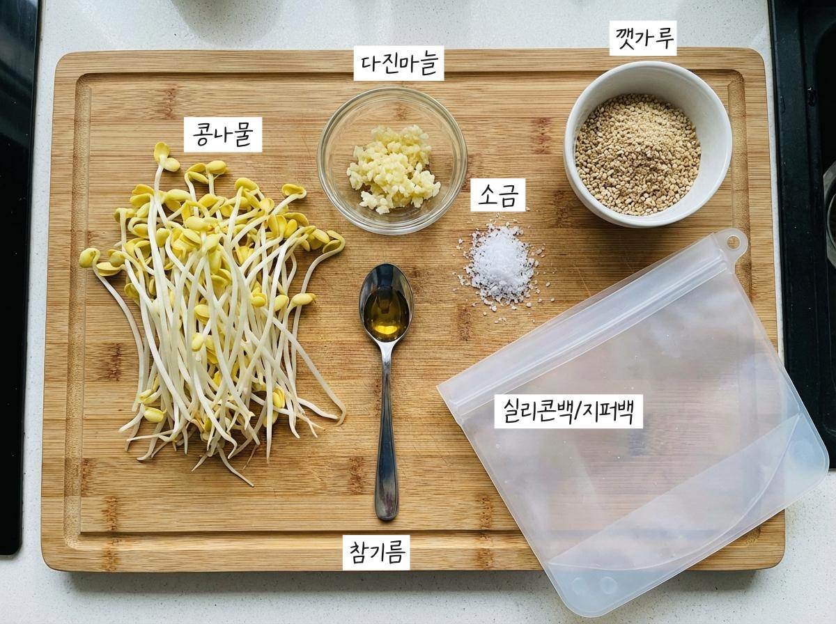 '지퍼백 콩나물무침' 준비 재료들. 기사 내용 토대로 AI툴 활용해 제작한 자료사진.