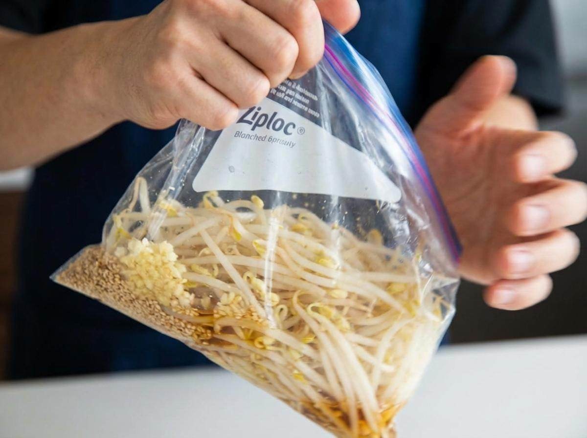 지퍼백에 콩나물 넣고 30초 흔들어 주기. 기사 내용 토대로 AI툴 활용해 제작한 자료사진.