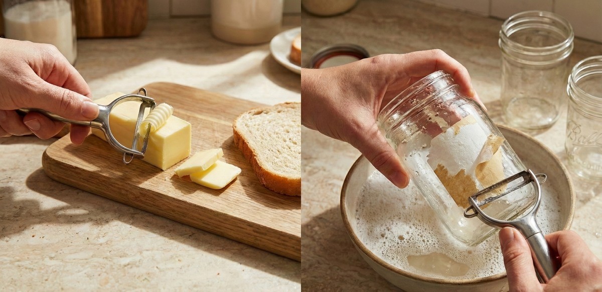 AI로 생성한 이미지. 감자칼을 이용하면 딱딱한 버터도 얇게 슬라이스할 수 있다. 유리병에 붙은 스티커도 빠르게 제거하는 데 도움 된다.