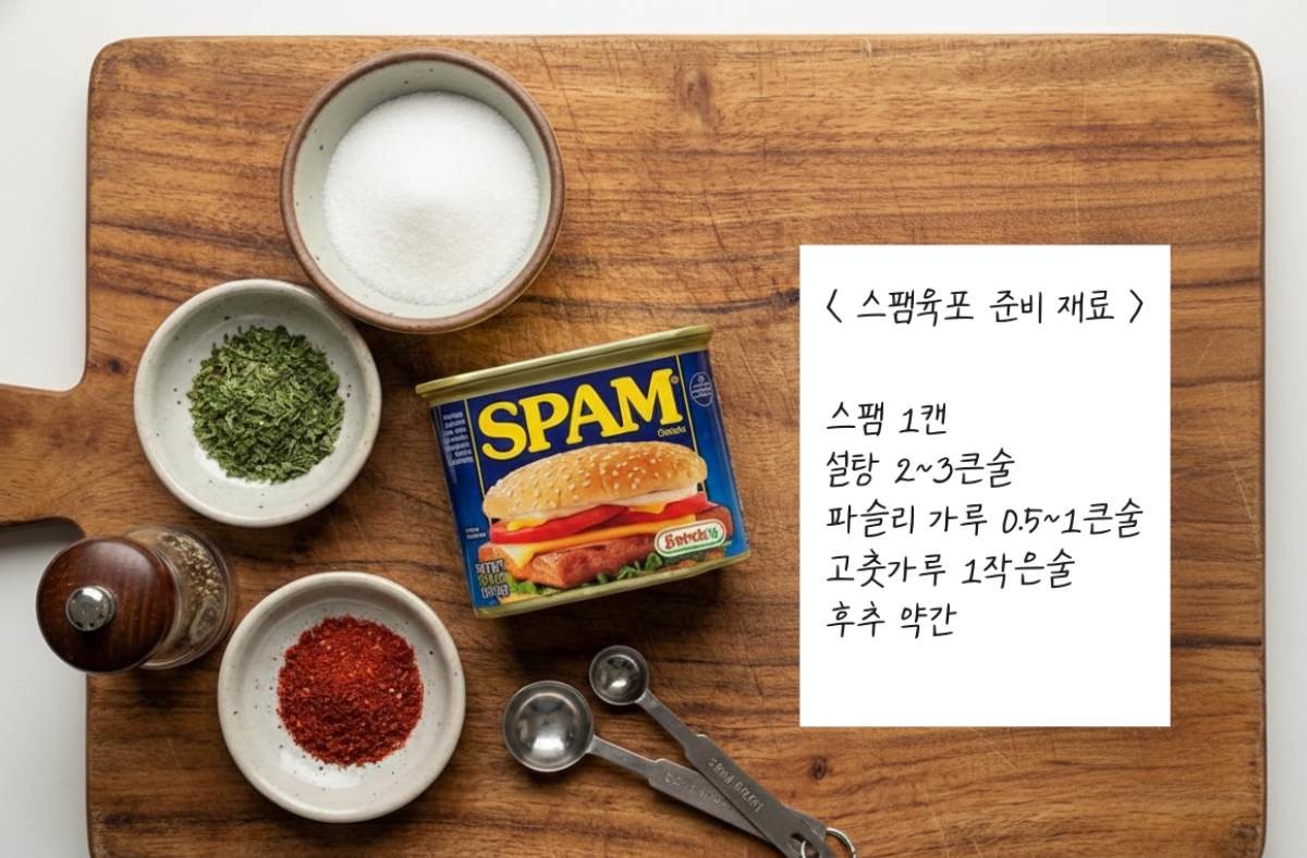 스팸육포 간단 준비 재료들. 기사 내용 토대로 AI툴 활용해 제작한 자료사진.
