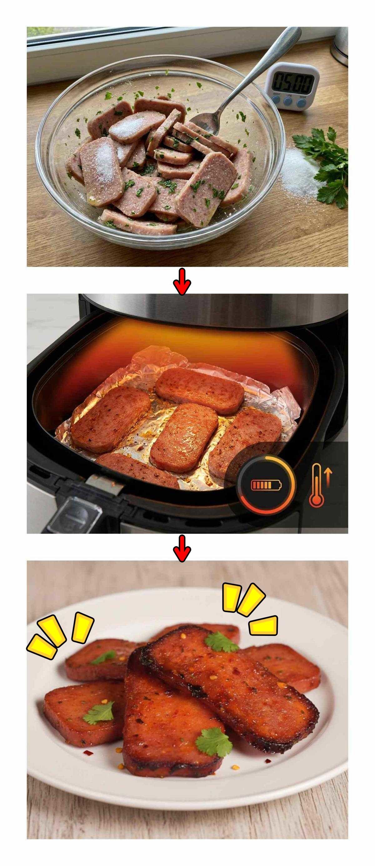 스팸육포 만들기 간단 과정. 기사 내용 토대로 AI툴 활용해 직접 제작한 자료사진.