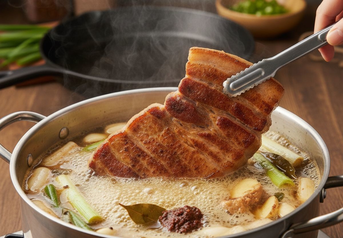 끓는 물에 구운 삼겹살을 넣는 모습 (기사 이해를 돕기 위해 AI로 제작됨)