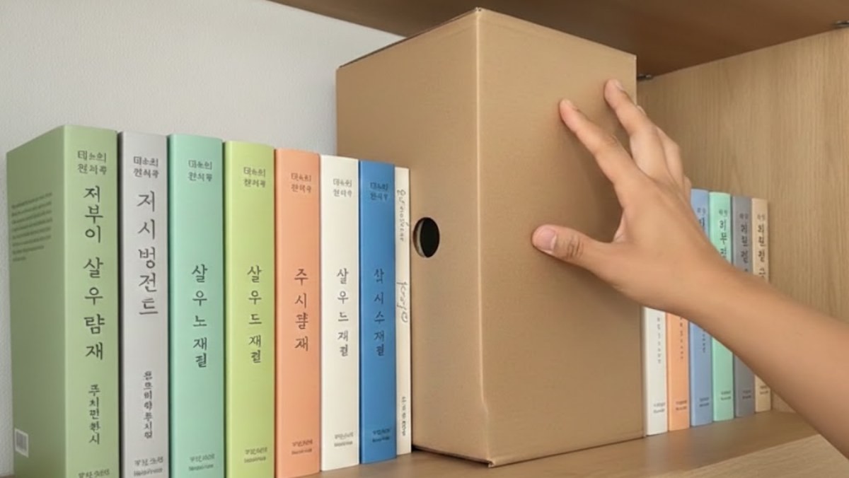 신발 박스를 책꽂이에 끼워넣는 모습. 영상 속 장면을 AI가 재생성한 자료사진.