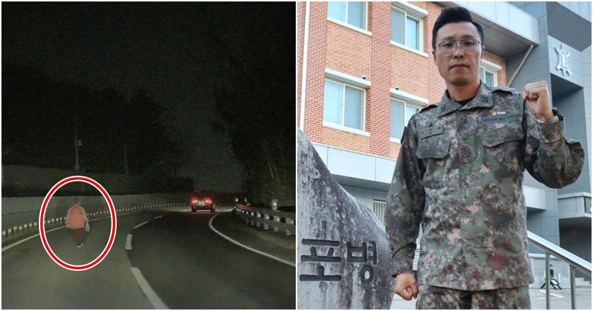 국도 한복판을 걷는 노인과 오종화 상사     / 육군 제22보병사단