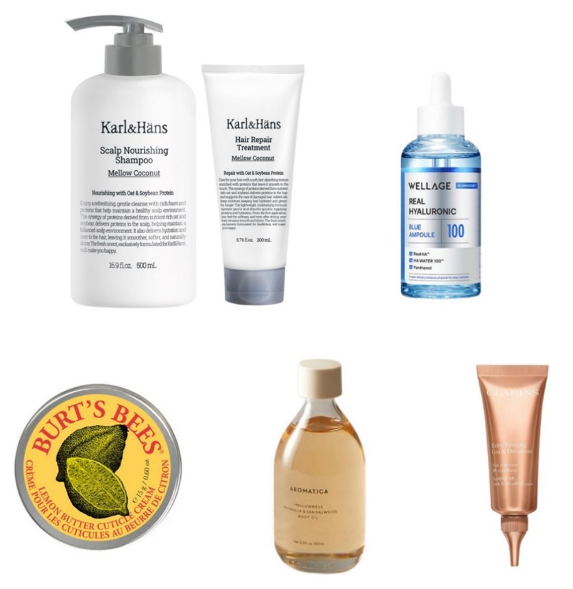 (좌측 상단부터 시계방향) 칼앤한스 ‘스칼프 너리싱 두피케어 단백질 샴푸’·’헤어 리페어 손상모케어 단백질 트리트먼트’, 웰라쥬 ‘리얼 히알루로닉 히알루론산 블루 100 앰플’, 클라랑스 ‘엑스트라 퍼밍 넥 크림’, 아로마티카 ‘멜로우니스 바디오일’, 버츠비 ‘레몬 버터 큐티클 크림’/ 각 사 제공