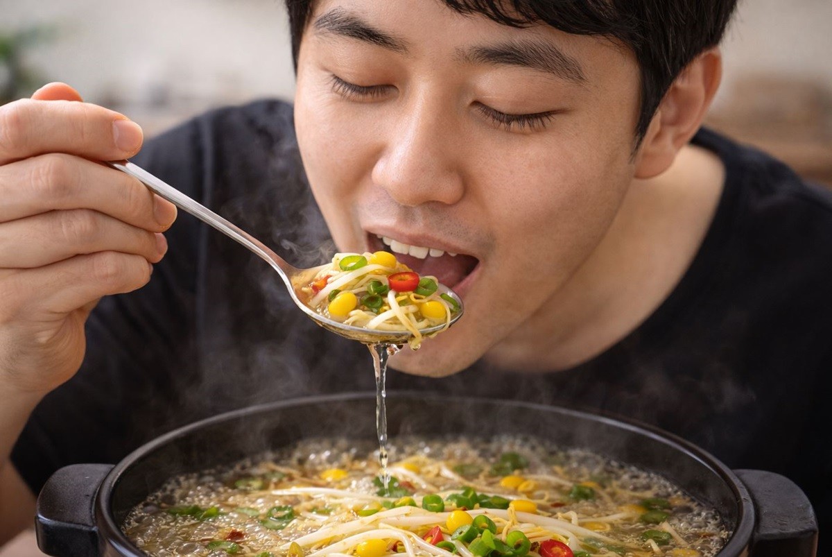 콩나물국을 맛있게 먹는 모습. 기사 이해를 돕기 위해 AI를 활용해 제작한 자료 사진입니다. 실제 모습과 다소 차이가 있을 수 있습니다.
