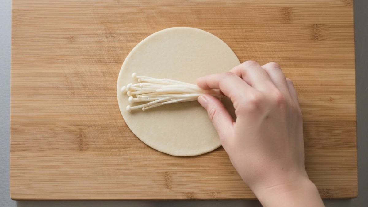 만두피에 팽이버섯을 올리는 모습. 기사 내용을 바탕으로 AI가 생성한 자료사진.