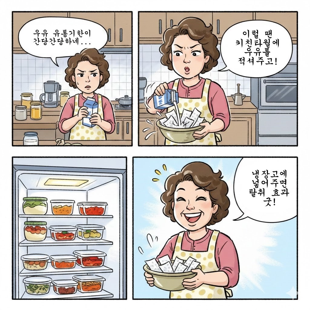 [만화] 우유에 적신 키친타월로 냉장고 탈취 효과를 노리는 주부의 모습. AI가 생성한 자료사진.