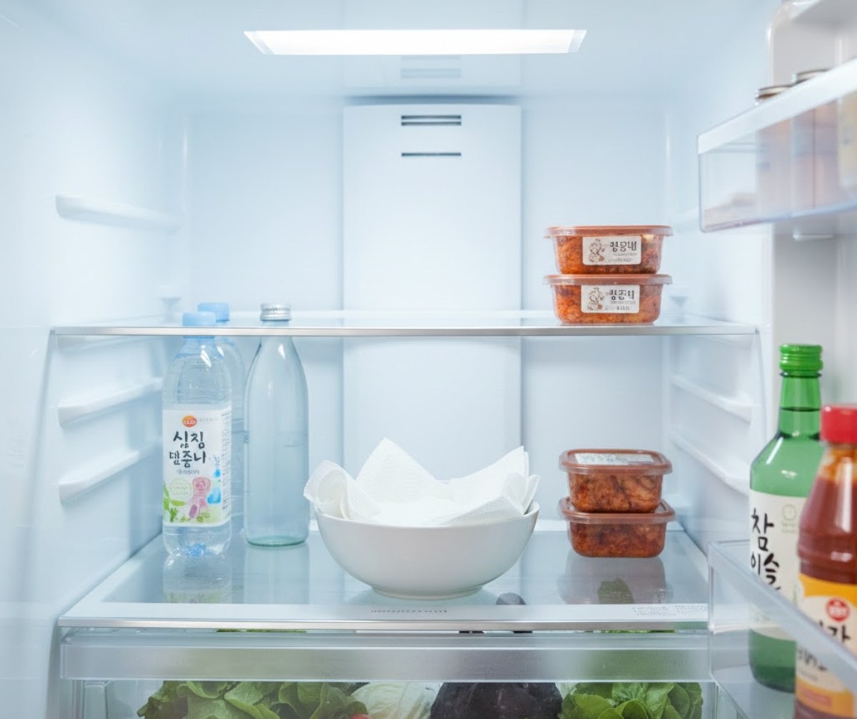 우유에 적신 키친타월을 냉장고 안에 둔 모습. 기사 내용을 바탕으로 AI가 생성한 자료사진.