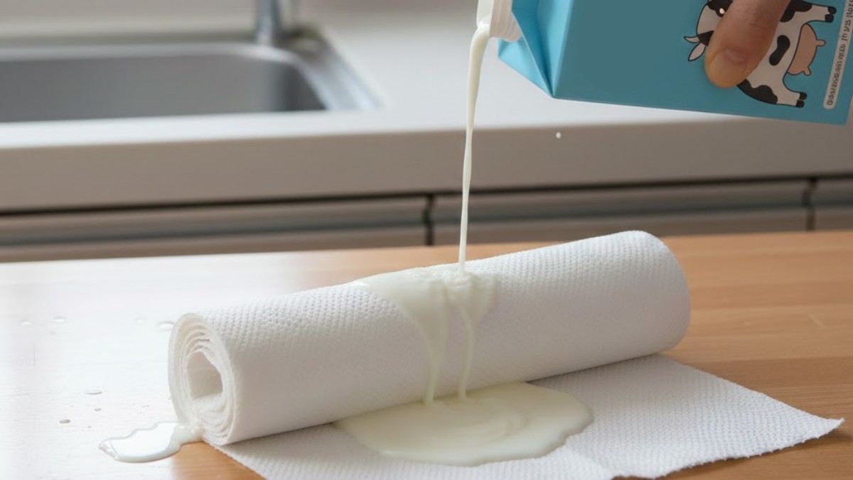 키친타월에 우유를 적시는 모습. 기사 내용을 바탕으로 AI가 생성한 자료사진.