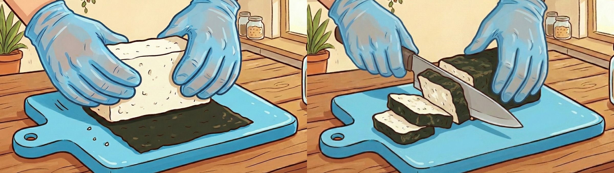 [만화] 단단한 두부를 물기를 빼준 뒤 김으로 감싸 썰어준다. AI툴로 생성한 만화 이미지.