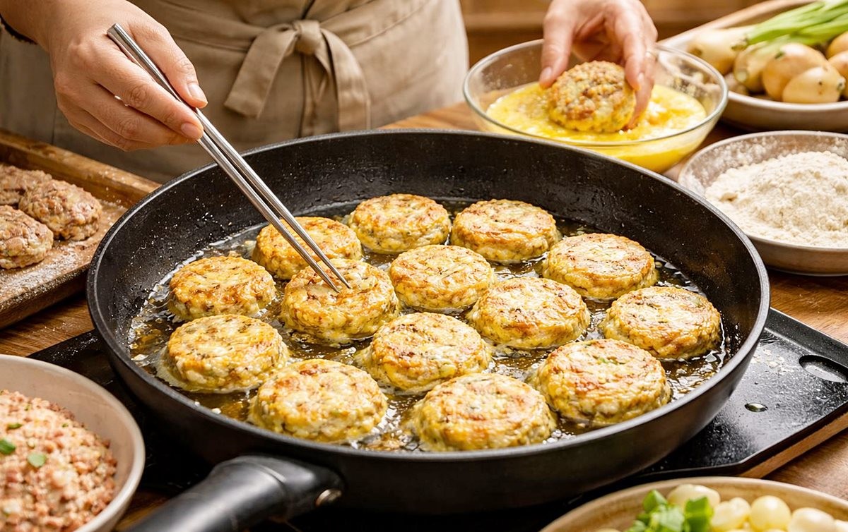 설날에 동그랑땡을 부치는 모습. 기사 이해를 돕기 위해 AI를 활용해 제작한 자료 사진입니다.