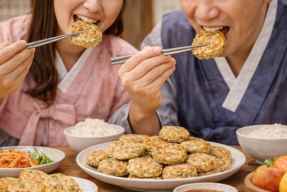 완성한 동그랑땡을 맛있게 먹는 모습. 기사 이해를 돕기 위해 AI를 활용해 제작한 자료 사진입니다.