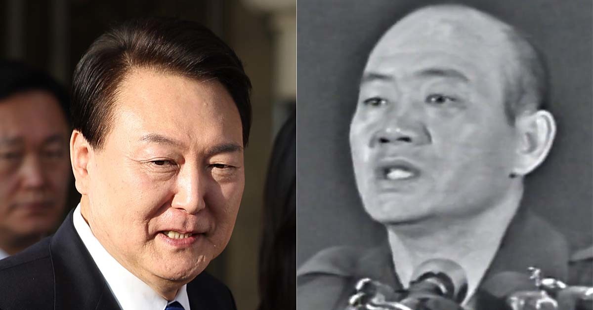 윤석열(왼쪽) 전 대통령과 전직 대통령 전두환씨. 윤 전 대통령 사진의 출처는 옛 대통령실(현 청와대)이고, 전 씨 사진의 출처는 MBC 영상이다.