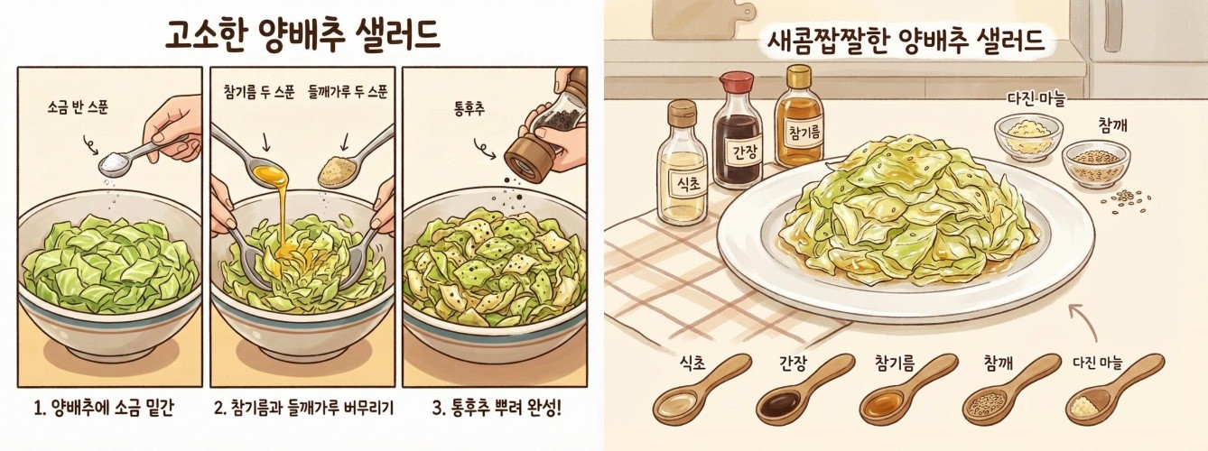 양배추 샐러드 레시피를 소개한다. AI툴로 생성한 만화 이미지.
