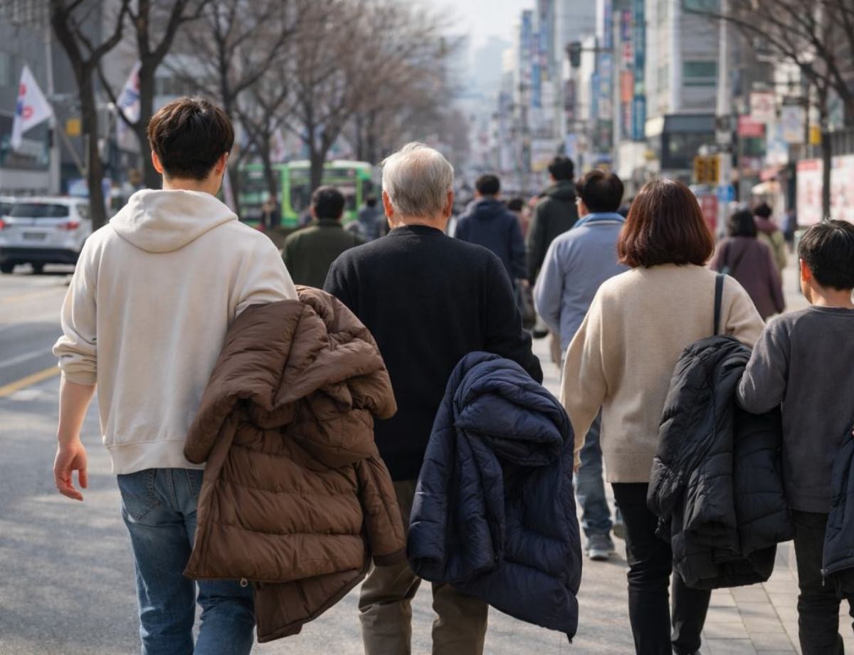 갑자기 포근해진 날씨에 외투를 벗은 사람들. 기사 내용 토대로 AI툴 활용해 제작한 자료사진.