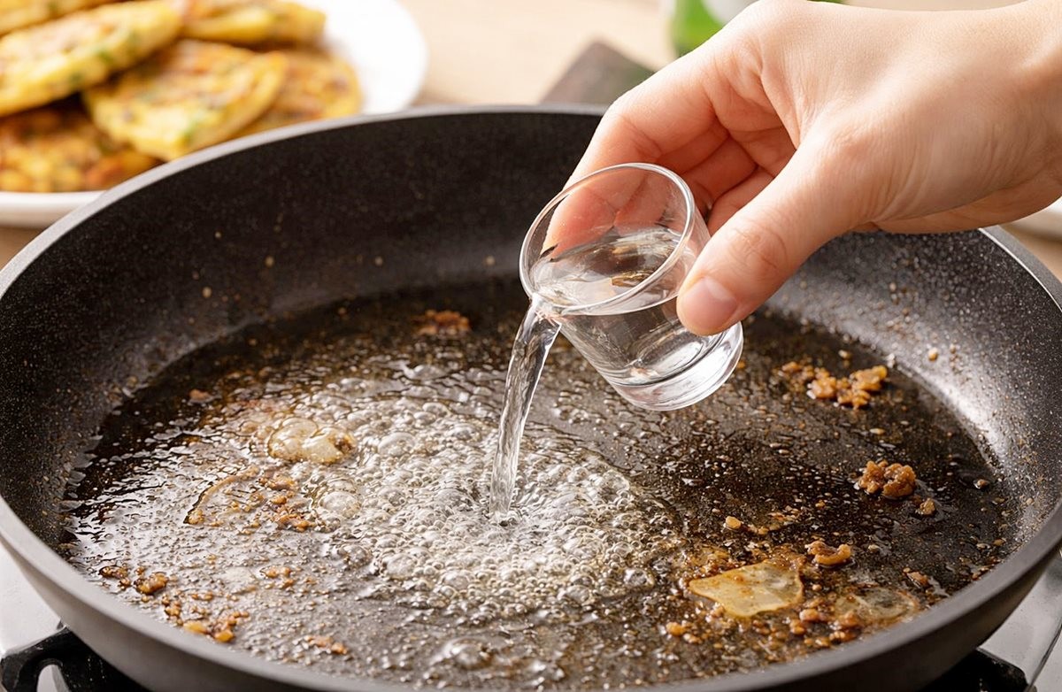 전을 부친 프라이팬에 소주를 조금  붓고 있는 모습. 기사 이해를 돕기 위해 AI를 활용해 제작한 자료 사진입니다.