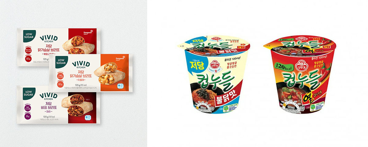 비비드키친(VIVID KITCHEN) 저당 브리또 3종,     컵누들 열라면·    라이트앤조이 저당 컵누들 불닭맛 자료 사진. / 동원홈푸드, 오뚜기 제공