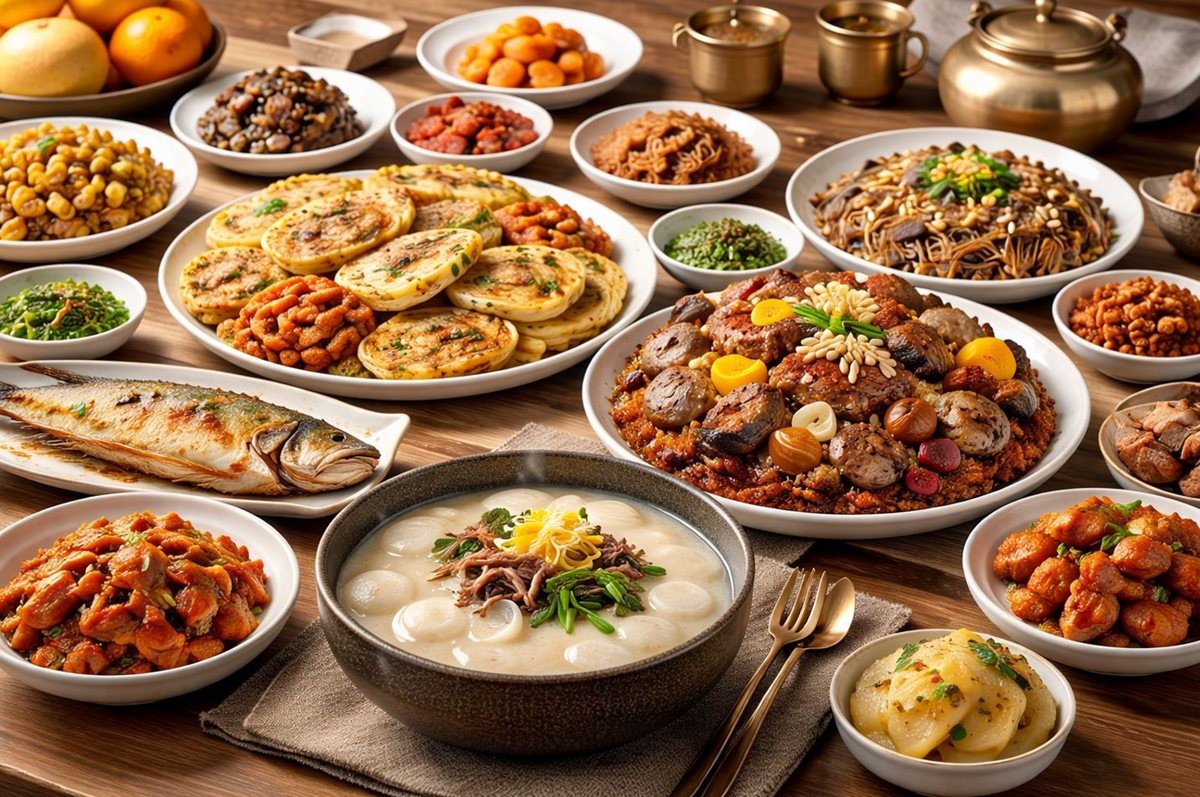 설날에 명절음식이 가득 차려진 모습. 기사 이해를 돕기 위해 AI를 활용해 제작한 자료 사진입니다.
