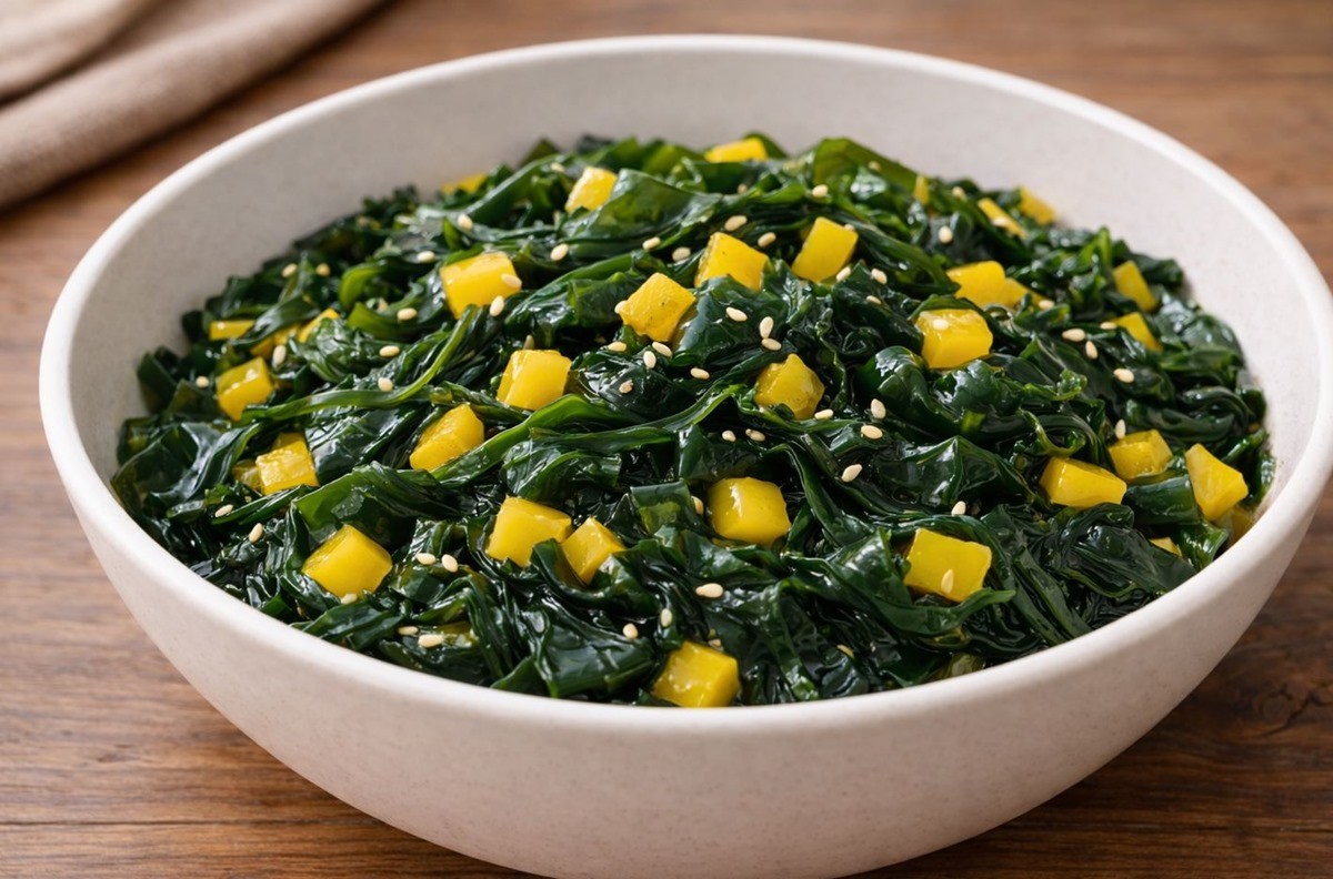 미역에 노란색 파프리카를 넣어 무친 모습. 기사 이해를 돕기 위해 AI를 활용해 제작한 자료 사진. 미역에는 다양한 항산화 성분이 풍부하게 함유돼 있어 혈액 내에서 불필요한 독소가 생성되는 것을 억제하고 활성산소로 인한 혈관 손상을 막는 데 도움을 준다.