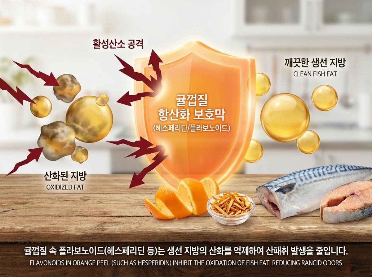 귤꺼ㅃ질 속 플라보노이드는 생선 지방의 산화를 억제해 불쾌한 냄새 발생을 줄여준다. 기사 내용 토대로 AI툴 활용해 제작한 자료사진.