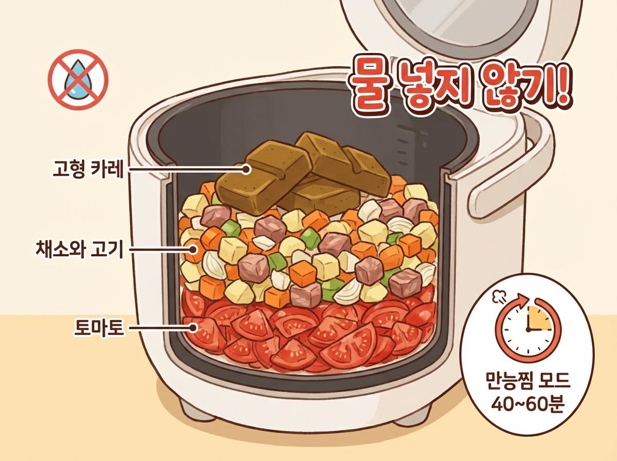 밥솥으로 만드는 무수분 카레 조리 방법 / AI 생성 이미지