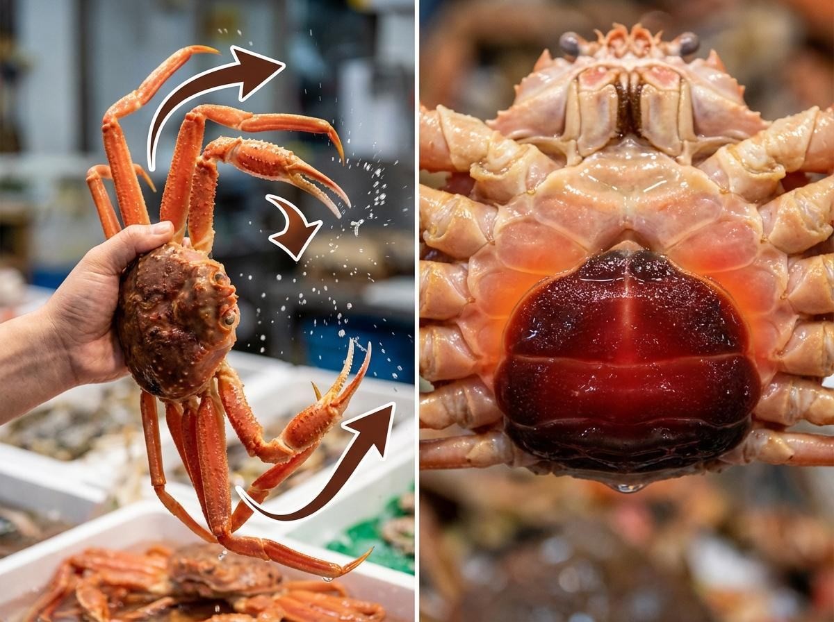 실패 없는 선택법. 먼저 활력을 본다. 다리를 잡고 거꾸로 들었을 때 집게다리를 세게 휘두르며 저항하면 신선도가 높다. 배딱지 색도 중요하다. 배 부분이 진한 붉은색이나 검붉은색에 가까울수록 살이 찼을 가능성이 크다. 가슴팍을 눌렀을 때 말랑하게 들어가면 물게일 확률이 높다. 몸통이나 다리에 검은 상처가 있는 개체는 바닷물이 스며들었을 수 있어 피하는 편이 낫다. 기사 내용 토대로 AI툴 활용해 제작한 자료사진.