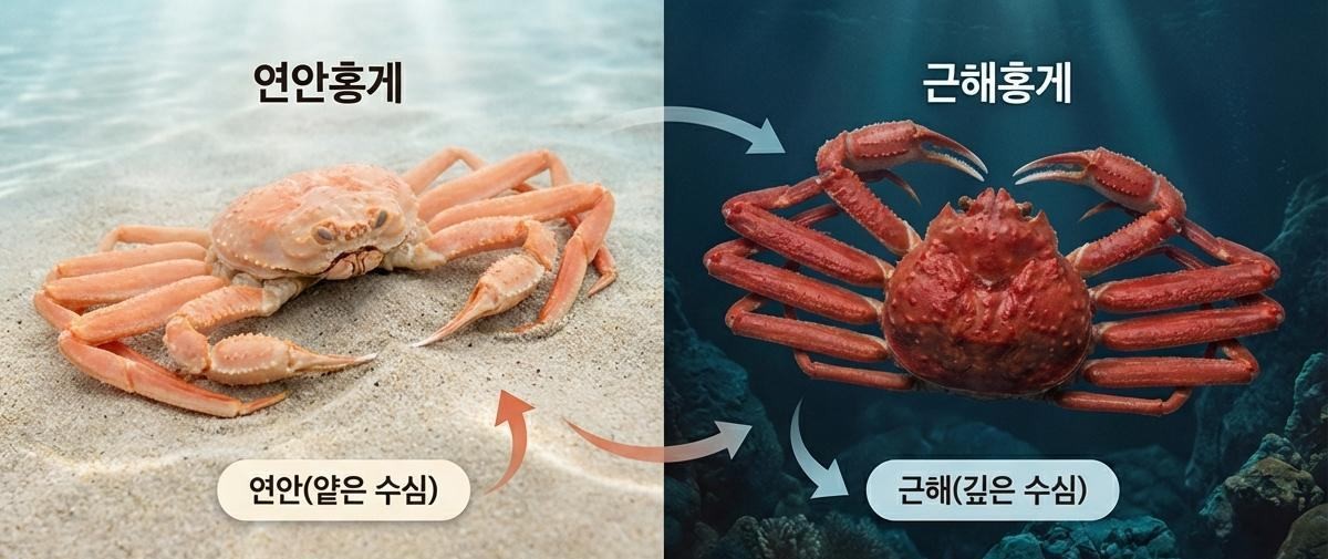 연한 주황빛의 '연안홍게'와 짙은 붉은색의 '근해홍게' 비교 이미지. 기사 내용 토대로 AI툴 활용해 제작한 자료사진.