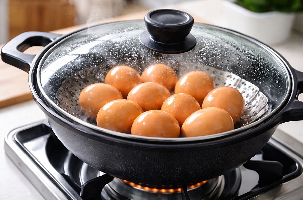 계란을 찜기에 찌는 모습. 기사 이해를 돕기 위해 AI를 활용해 제작한 자료 사진. 계란을 삶는 대신 만두처럼 찌는 방법은 의외로 간단하지만 결과는 매우 만족스럽다. 끓는 물에 계란을 직접 넣어 삶을 때보다 열이 훨씬 부드럽게 전달돼 흰자와 노른자가 고르게 익고 식감은 탱글탱글하면서도 촉촉하게 완성된다. 특히 많은 사람들이 어려워하는 껍질 벗기기 과정이 눈에 띄게 수월해진다는 점이 가장 큰 장점이다.