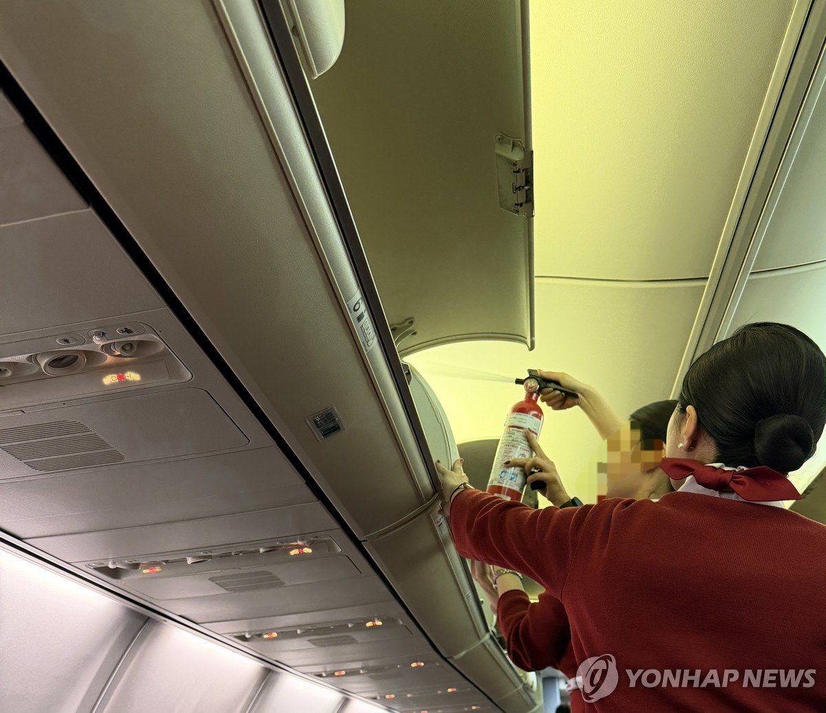 이스타항공 승무원들이  연기를 끄고 있다. / 독자 제공 - 연합뉴스