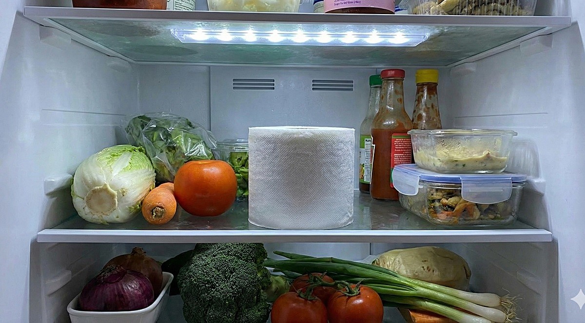 냉장고 안에 두루마리 휴지를 넣은 모습. 기사 이해를 돕기 위해 AI를 활용해 제작한 자료 사진입니다.