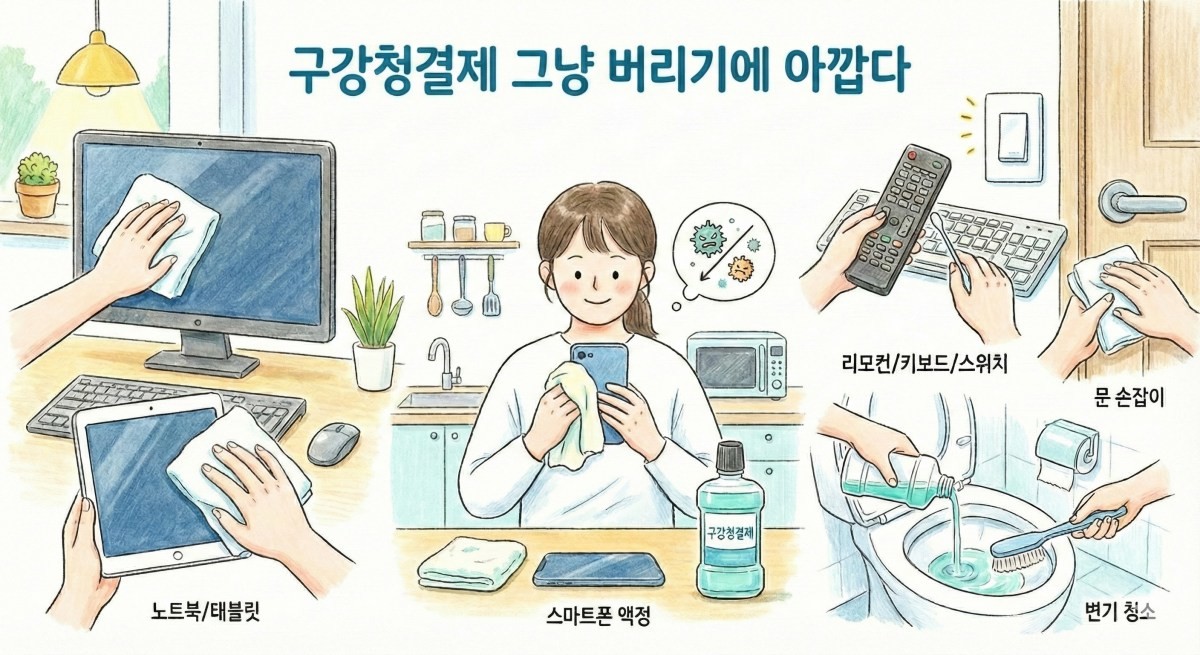 애매하게 쓰다 남아 방치되기 쉬운 가글은 다양한 방법으로 재활용될 수 있다. 기사를 바탕으로 AI가 생성한 일러스트.