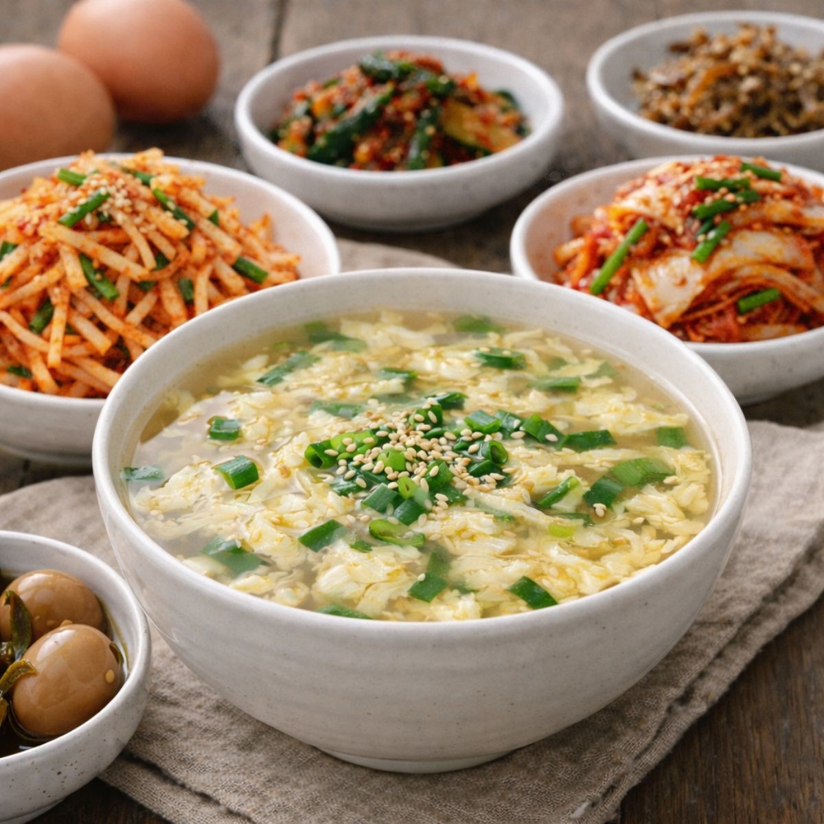 계란탕과 다양한 반찬들 (AI 사진)