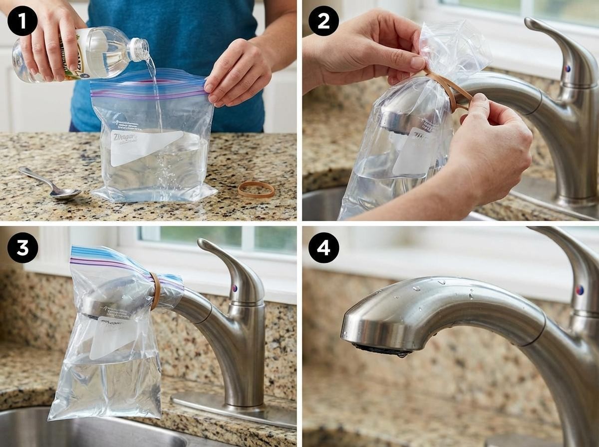 '더러워진 수전 지퍼백과 식초로 청소하기'. 기사 내용 토대로 AI툴 활용해 제작한 자료사진.