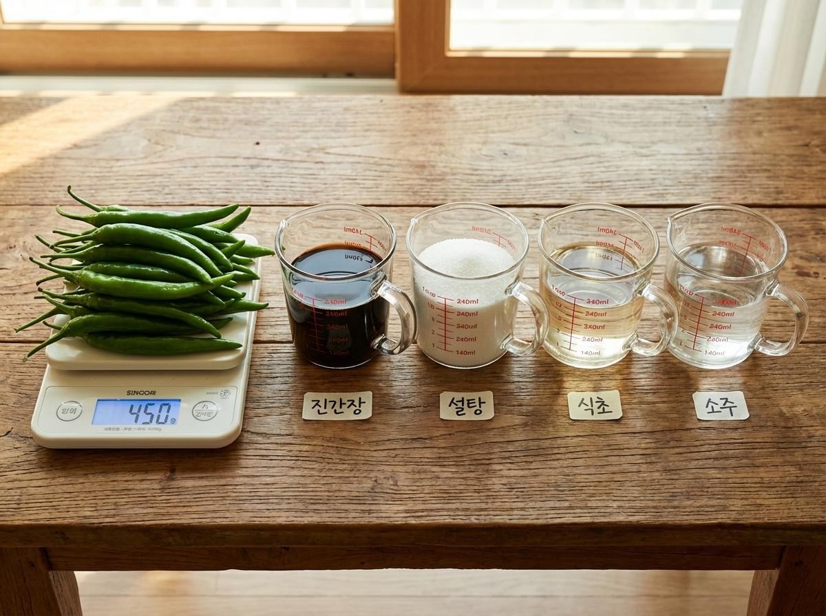 초간단 고추 장아찌 준비 재료들. 기사 내용 토대로 AI툴 활용해 제작한 자료사진.