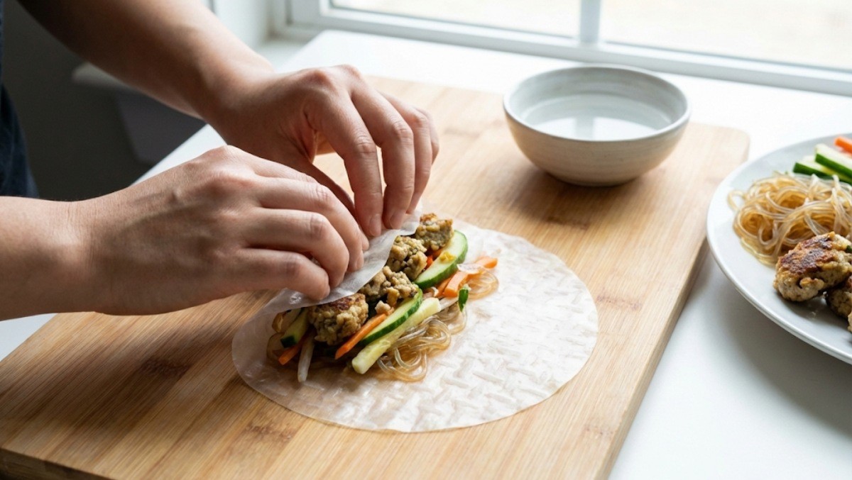 명절 음식을 라이스페이퍼에 말고 있는 모습 / 기사 내용 이해를 돕기 위해 제작한 AI 이미지