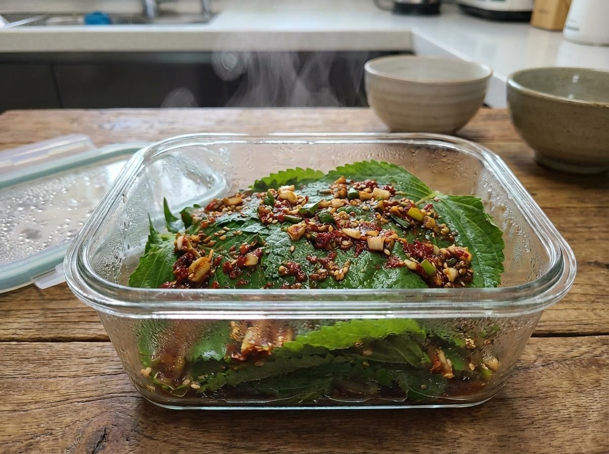 '전자레인지 양념 깻잎찜'. 기사 내용 토대로 AI툴 활용해 제작한 자료사진.