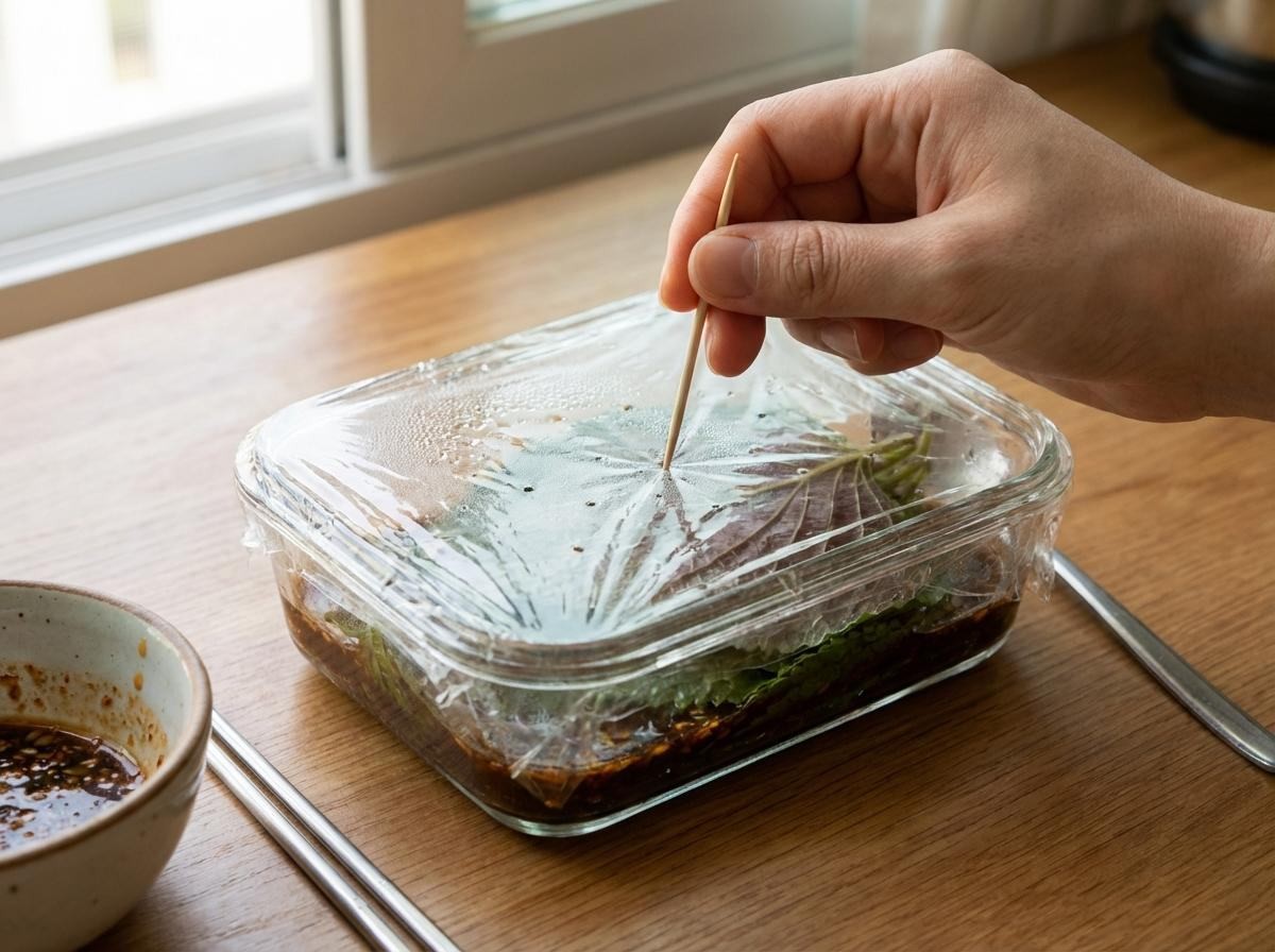 '전자레인지 깻잎 반찬' 꿀팁 중 하나. 내열 유리 용기에 담긴 깻잎 위에 랩을 씌우고 이쑤시개로 작은 구멍을 뚫는 모습. 기사 내용 토대로 AI툴 활용해 제작한 자료사진.
