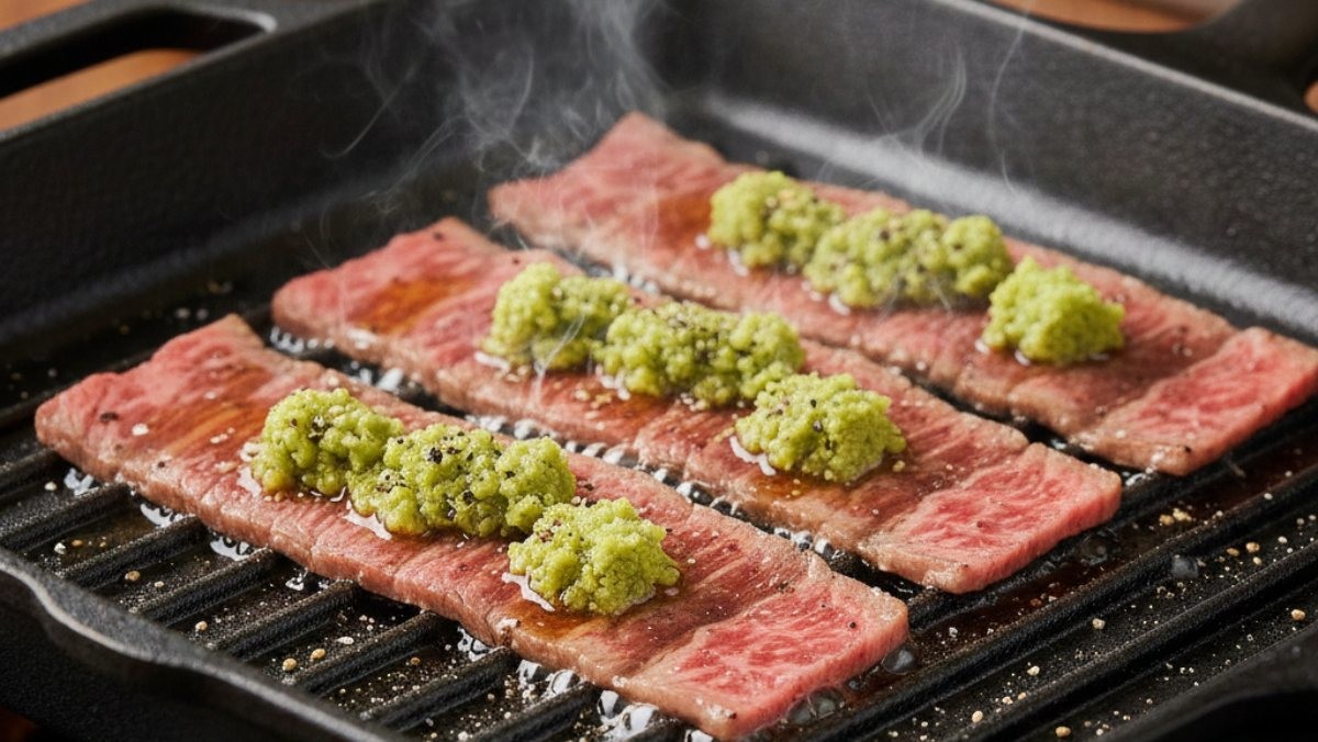 소고기에 와사비, 참기름을 얹어 굽는 모습 (AI 사진)